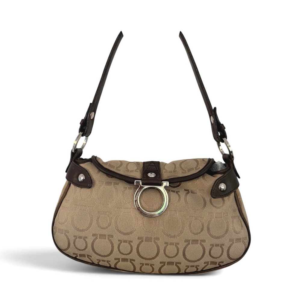 Salvatore Ferragamo Vintage Gancini Jacquard Canvas Leather Y2K Shoulder Bag